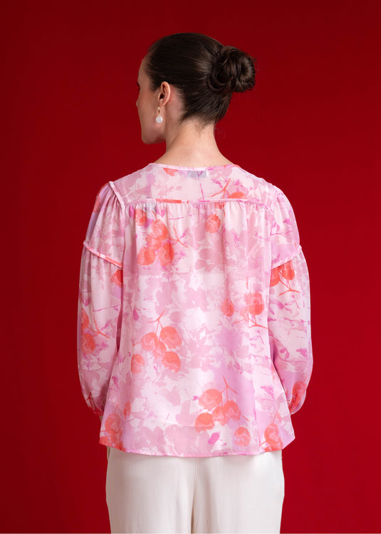 Printed Round Neck Blouse With Piping Detail