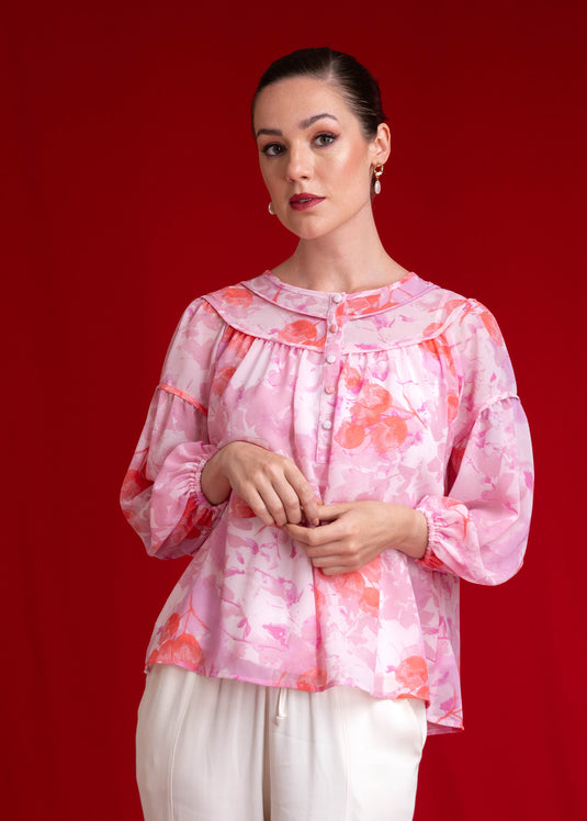 Printed Round Neck Blouse With Piping Detail