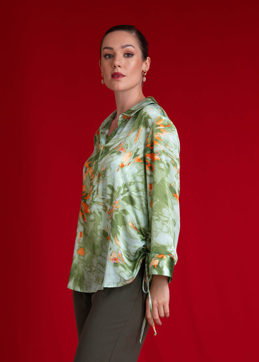 Long Sleeve Printed Blouse With Side Draw Cord Detail