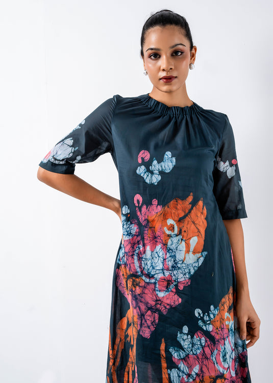 Batik Floral Elasticated High Neck Dress