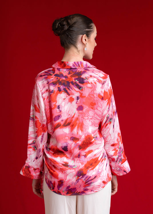 Long Sleeve Printed Blouse With Side Draw Cord Detail