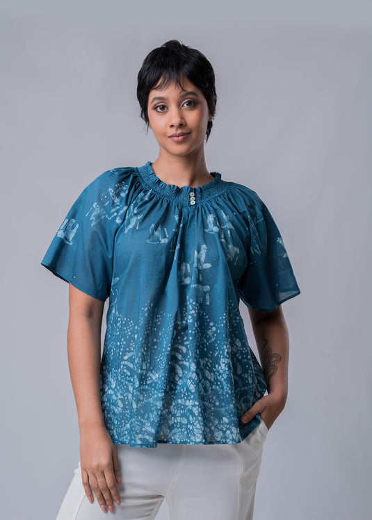 Batik Top Detailed With Ruffle  Neck