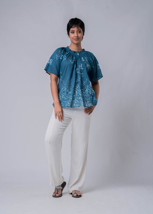 Batik Top Detailed With Ruffle  Neck