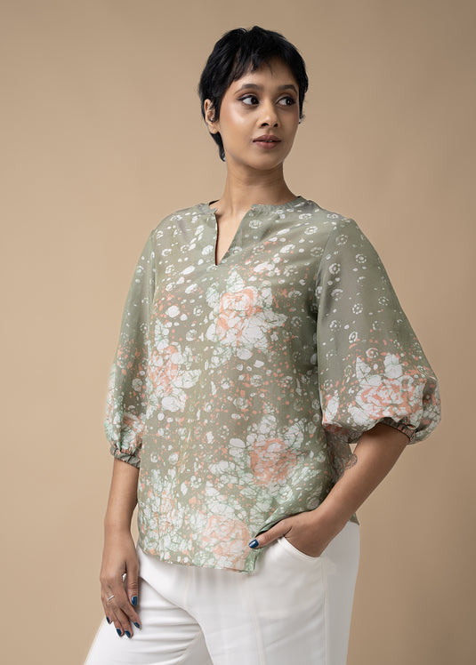 Batik Roses Hand Printed Puff Sleeved Top