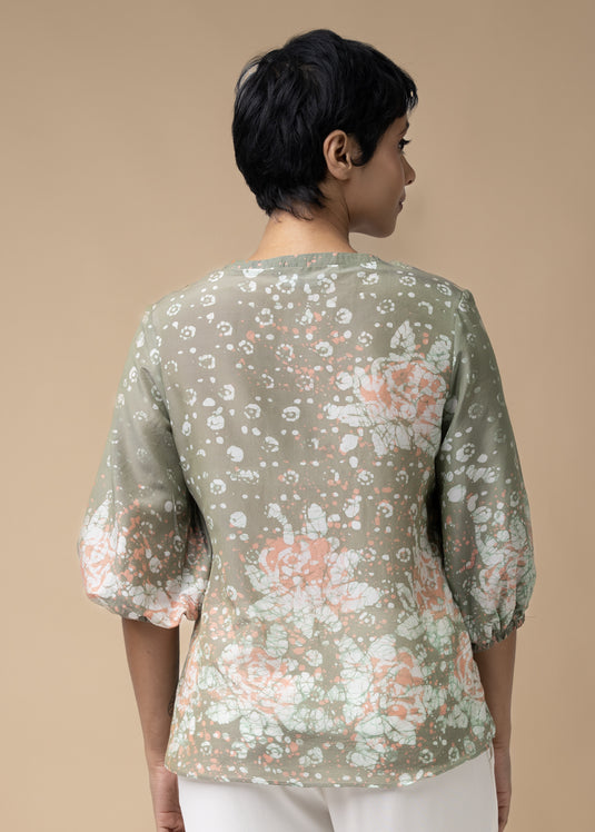 Batik Roses Hand Printed Puff Sleeved Top