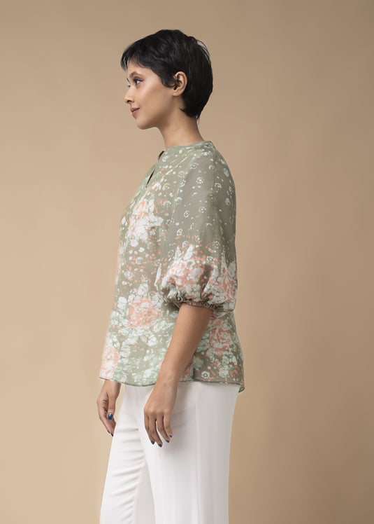 Batik Roses Hand Printed Puff Sleeved Top