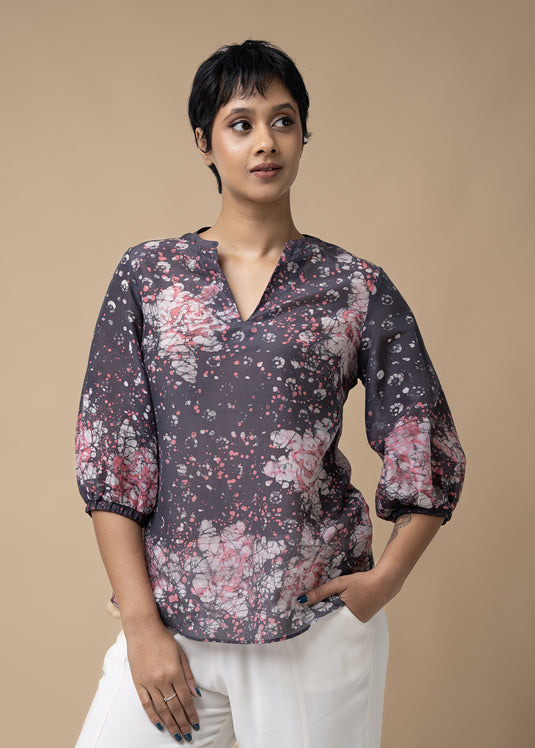 Batik Roses Hand Printed Puff Sleeved Top