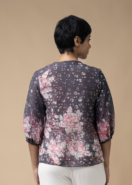 Batik Roses Hand Printed Puff Sleeved Top