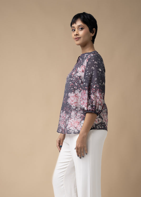 Batik Roses Hand Printed Puff Sleeved Top