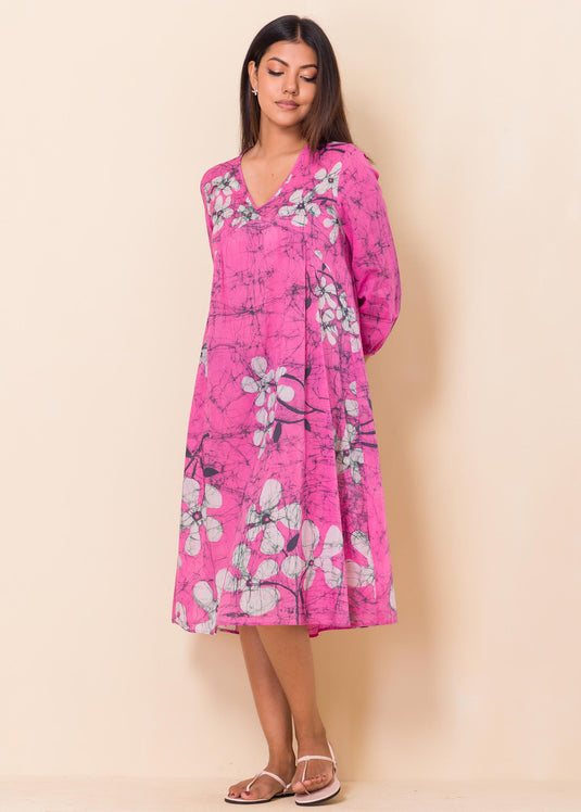 Long Sleeved Floral Pink Batik Dress