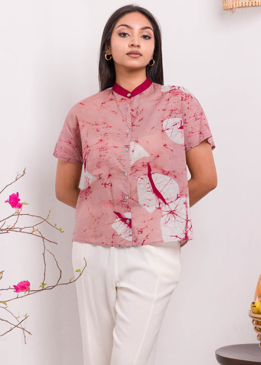 Anthurium Printed Batik Top with Chinese Collar