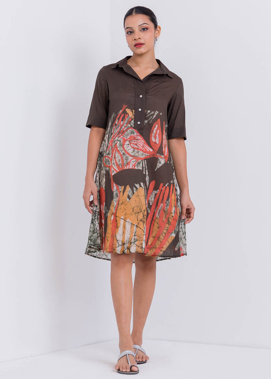 Bird Printed Collared Batik Dress