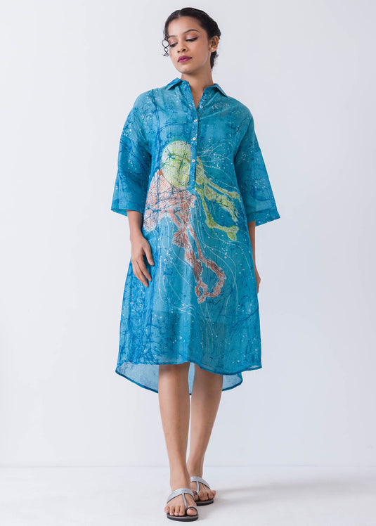 Jelly Fish Hand Painted Batik Short Plackt Shirt dress