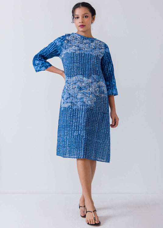 White And Blue Cloud Printed Batik Casual Dress