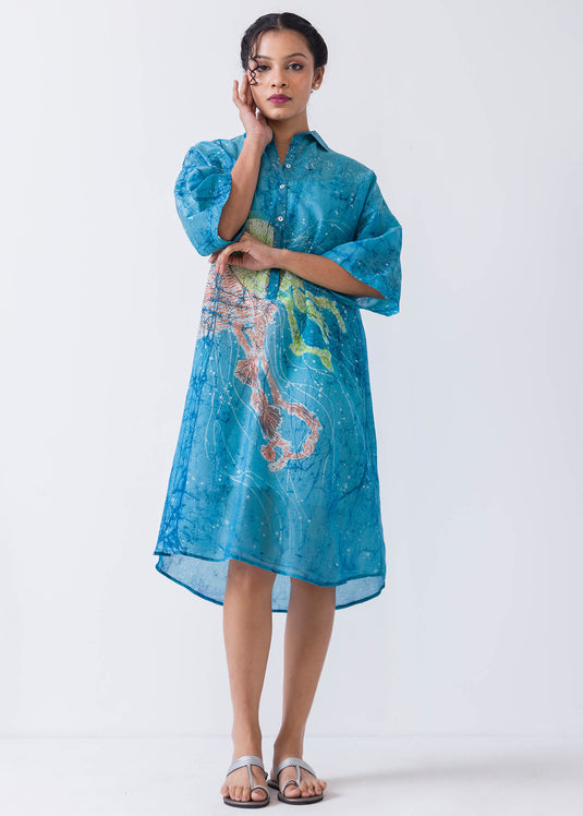 Jelly Fish Hand Painted Batik Short Plackt Shirt dress