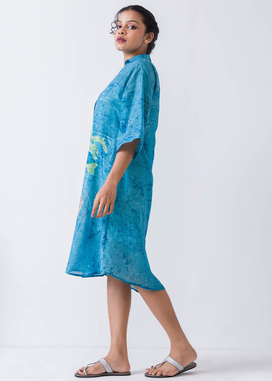 Jelly Fish Hand Painted Batik Short Plackt Shirt dress