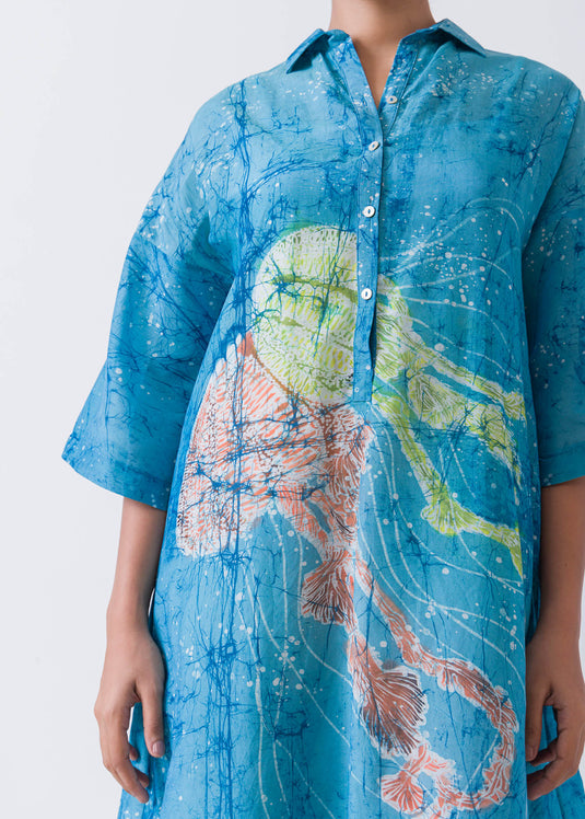 Jelly Fish Hand Painted Batik Short Plackt Shirt dress