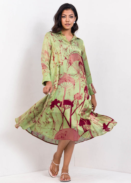 Bishop Sleeved Flared Mid - Calf Batik Dress