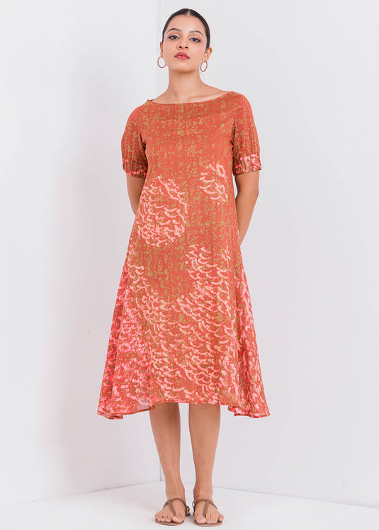 Batik Puff Sleeved Round Neck Dress