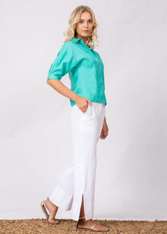 Button Down Puff Sleeve Crop Top