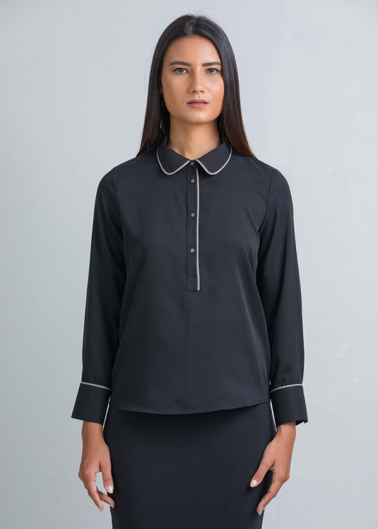 Long sleeve blouse with contrast piping