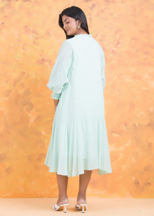 Neck pleated long sleeve midi dress