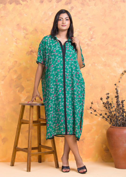 Printed Kaftan Dress with Contrast Piping