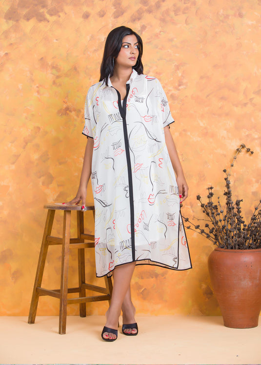 Printed Kaftan Dress with Contrast Piping