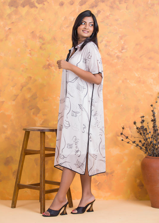 Printed Kaftan Dress with Contrast Piping