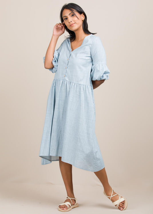 Button down dress with puff sleeve