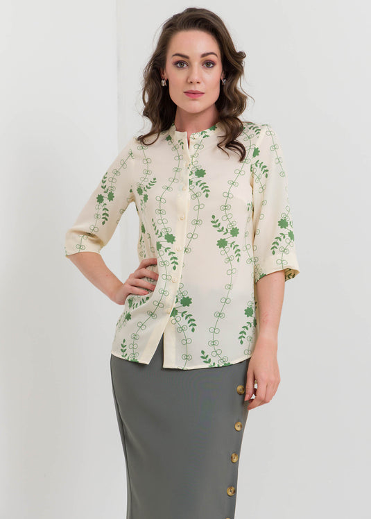 Printed Button Down Blouse With Chinese Collar