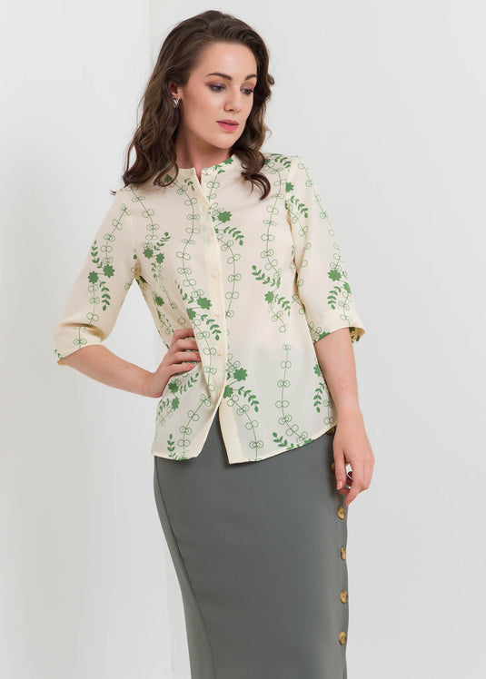 Printed Button Down Blouse With Chinese Collar