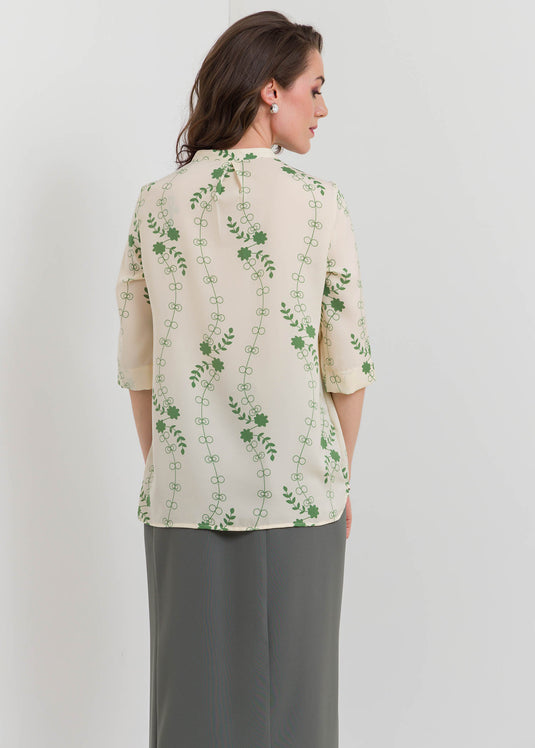 Printed Button Down Blouse With Chinese Collar