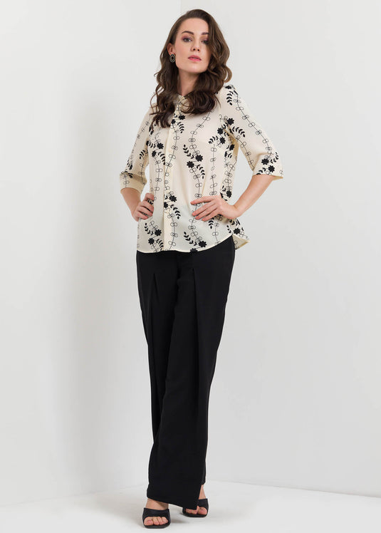 Printed Button Down Blouse With Chinese Collar