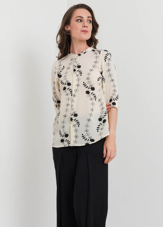 Printed Button Down Blouse With Chinese Collar