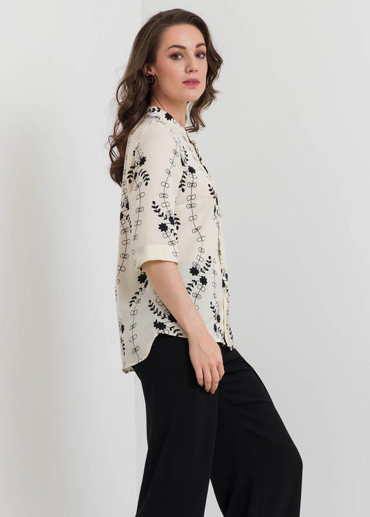 Printed Button Down Blouse With Chinese Collar