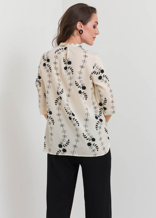 Printed Button Down Blouse With Chinese Collar