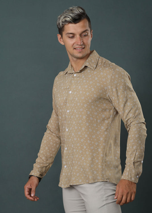 Beige Printed Casual L/S Shirt