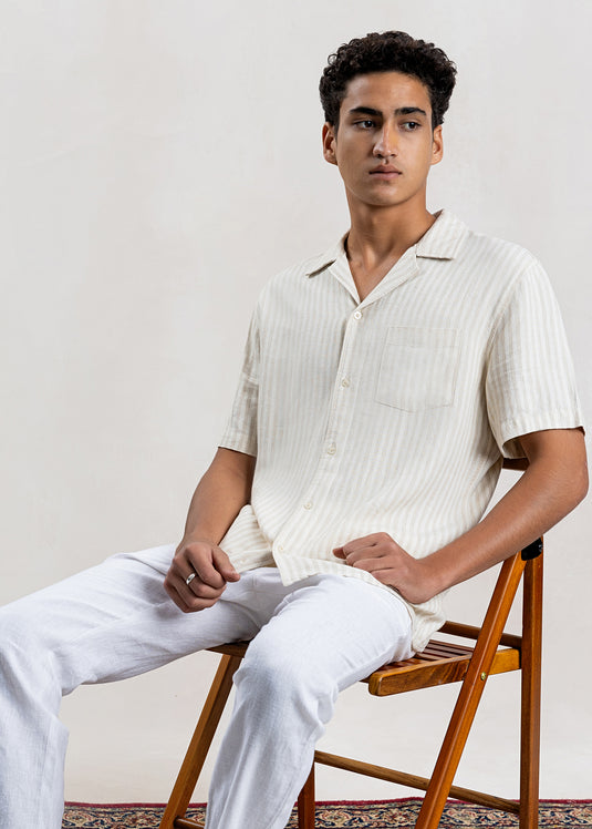 Linen Stripe Cuban Collar S/S Shirt