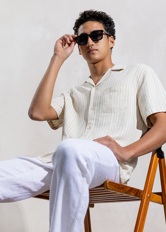 Linen Stripe Cuban Collar S/S Shirt