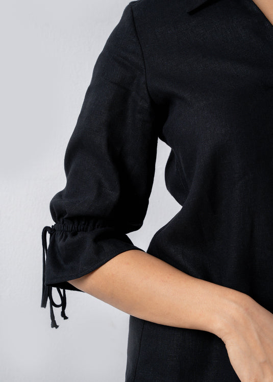 Front Pleated Blouse With Collar And Drawstrings