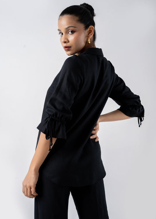 Front Pleated Blouse With Collar And Drawstrings