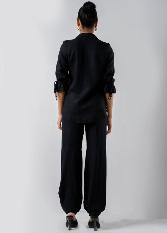 Front Pleated Blouse With Collar And Drawstrings