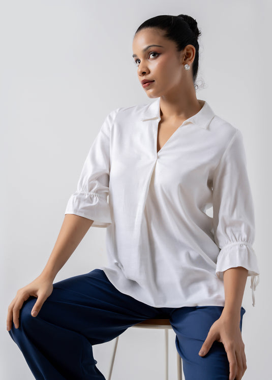 Front Pleated Blouse With Collar And Drawstrings