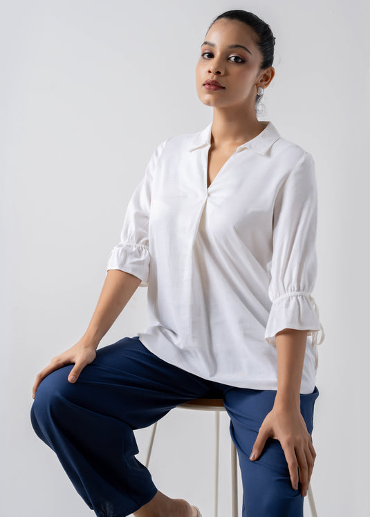 Front Pleated Blouse With Collar And Drawstrings