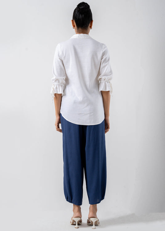 Front Pleated Blouse With Collar And Drawstrings