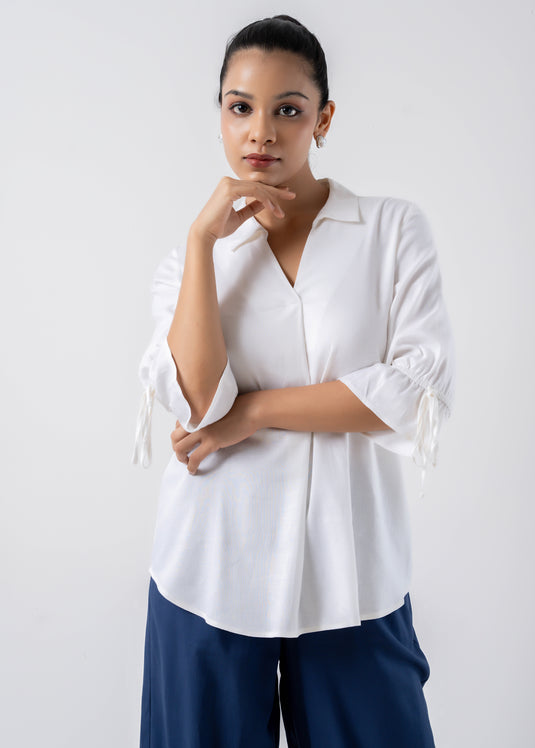 Front Pleated Blouse With Collar And Drawstrings