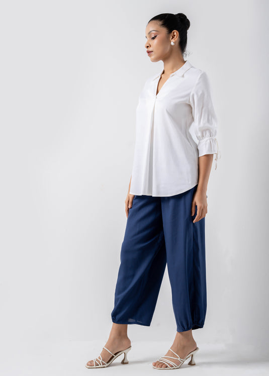 Front Pleated Blouse With Collar And Drawstrings