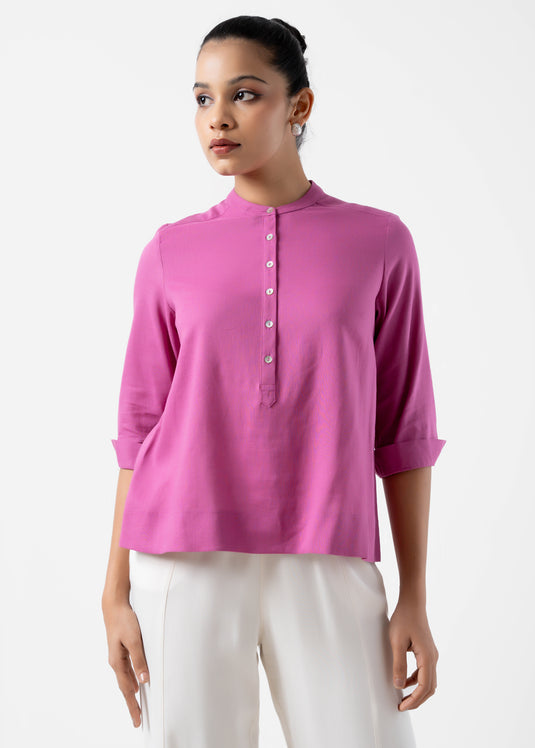 Mandarin Collar Blouse With Short Placket