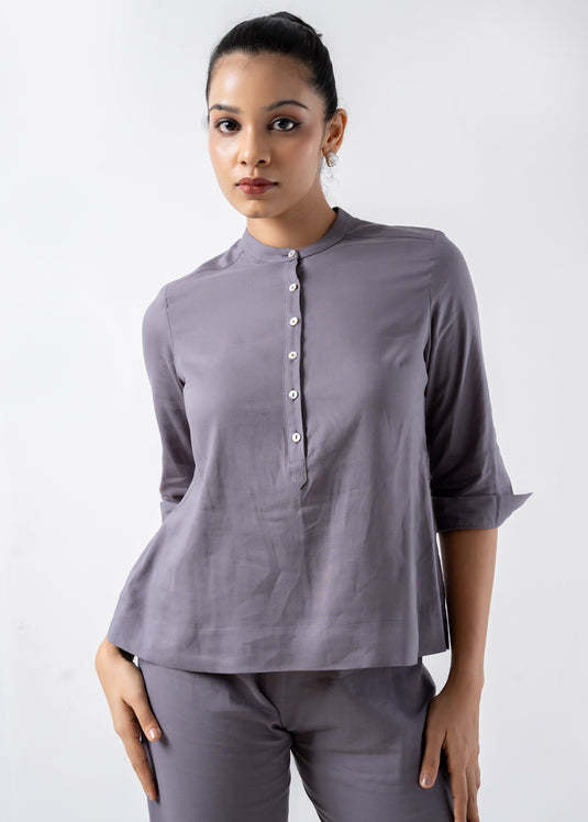 Mandarin Collar Blouse With Short Placket